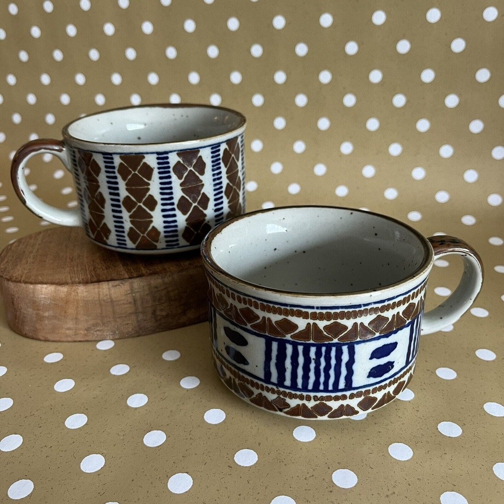 Vintage Set of 2 Otagiri Stoneware Pottery Soup Mugs Rustic Oversized Matching